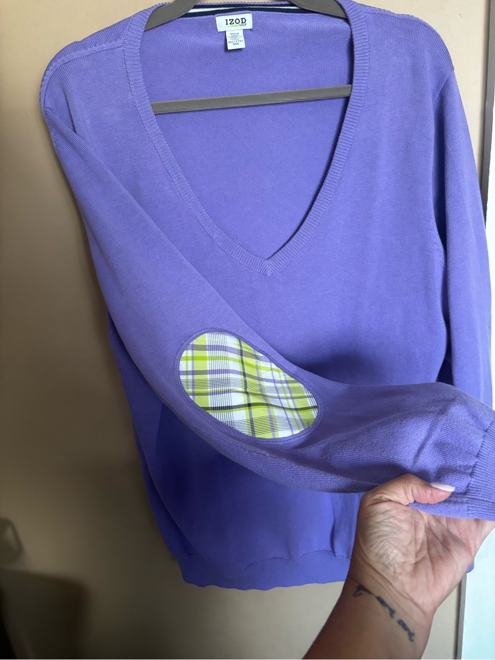IZOD Golf Women's XXL Purple Knit V-Neck Sweater w/ Plaid Elbow Patches